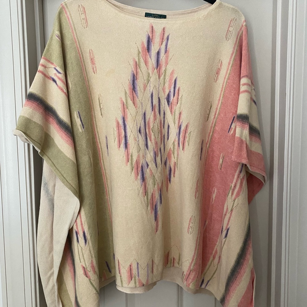 Ralph Lauren 100% Cotton Cream and Pink Geometric Poncho size Small/ Medium